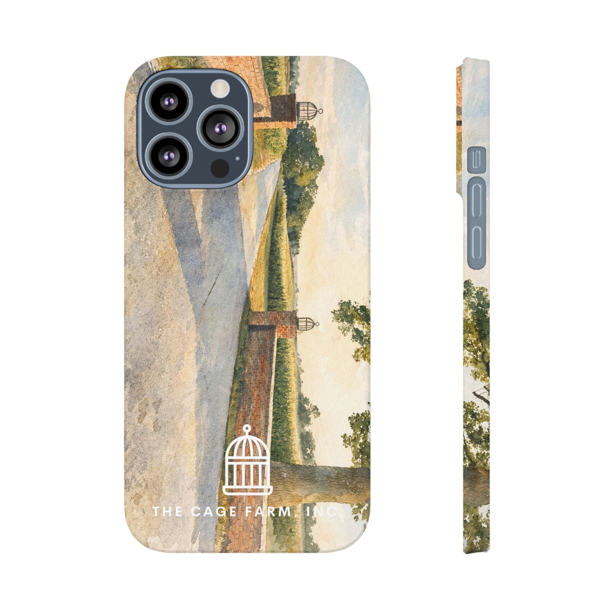 Slim Phone Case — Vintage Farm Landscape Design with 'The Cage Farm' Logo