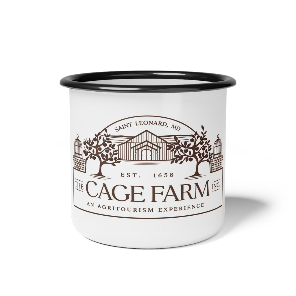 Cage Farm Enamel Camp Cup — Vintage Farm Logo Camping Mug