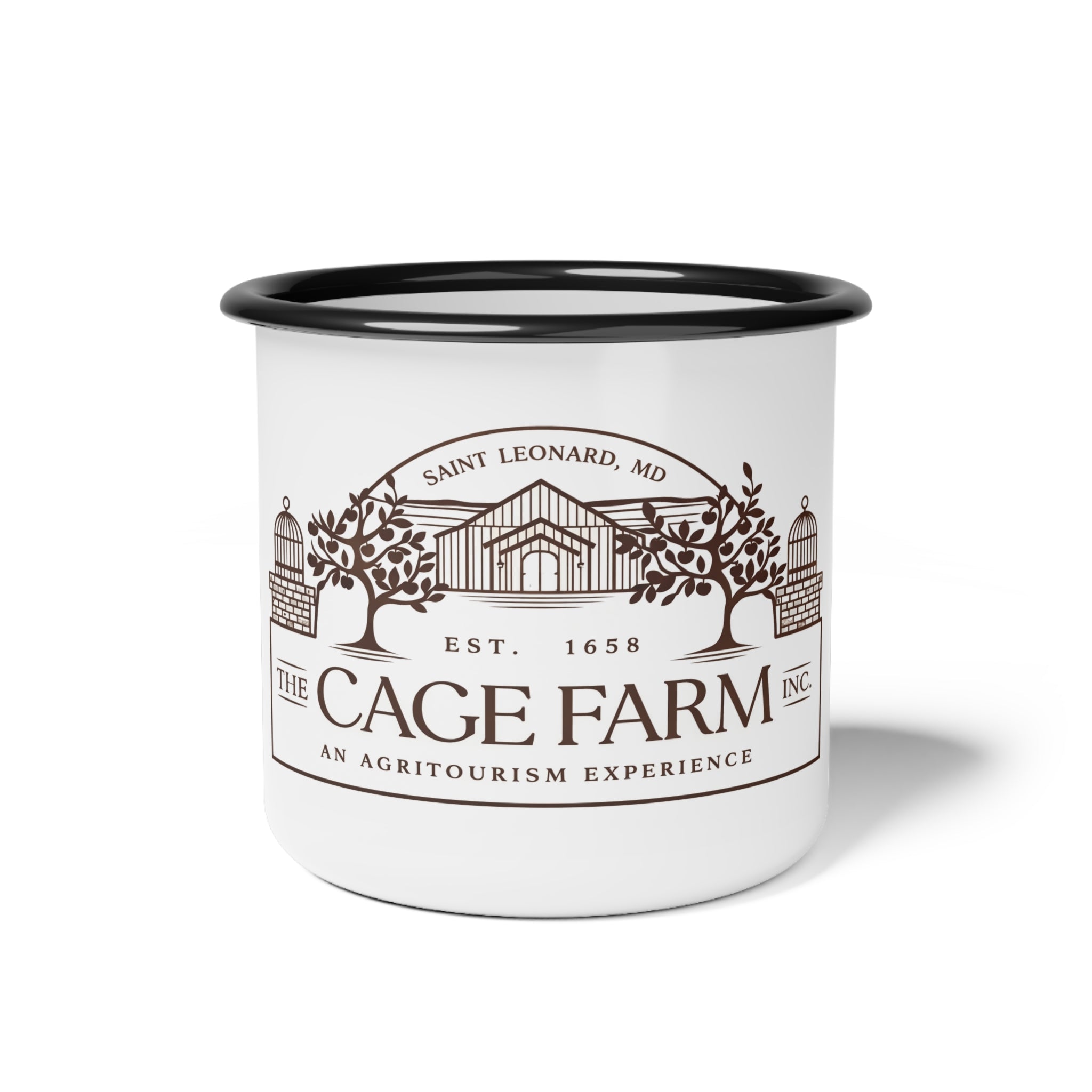 Cage Farm Enamel Camp Cup — Vintage Farm Logo Camping Mug