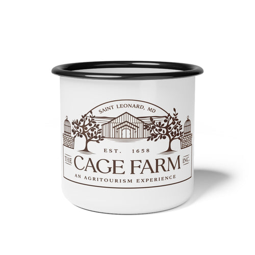 Cage Farm Enamel Camp Cup — Vintage Farm Logo Camping Mug