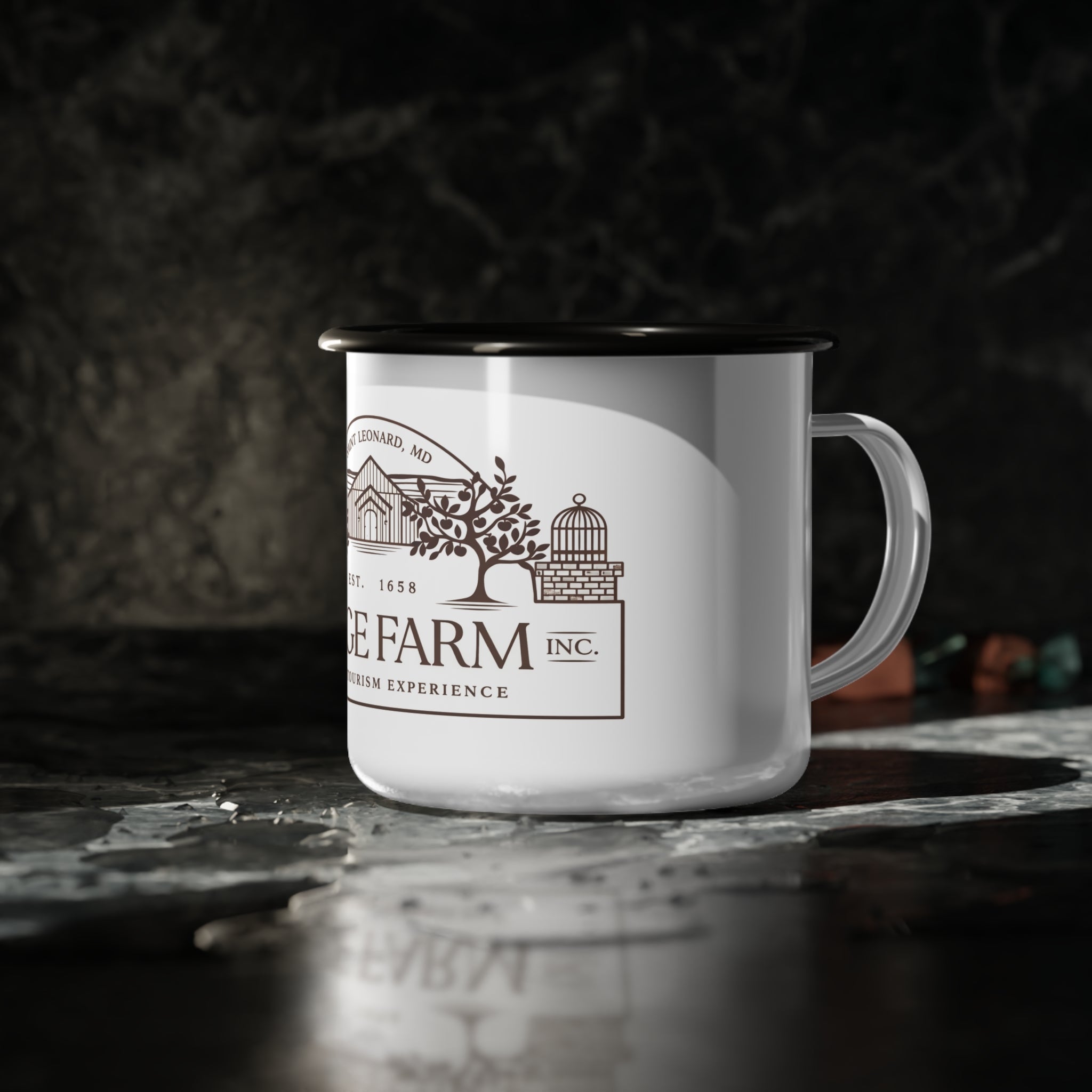 Cage Farm Enamel Camp Cup — Vintage Farm Logo Camping Mug