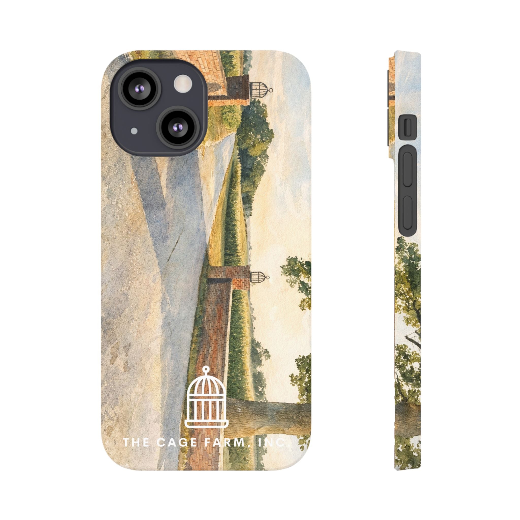 Slim Phone Case — Vintage Farm Landscape Design with 'The Cage Farm' Logo
