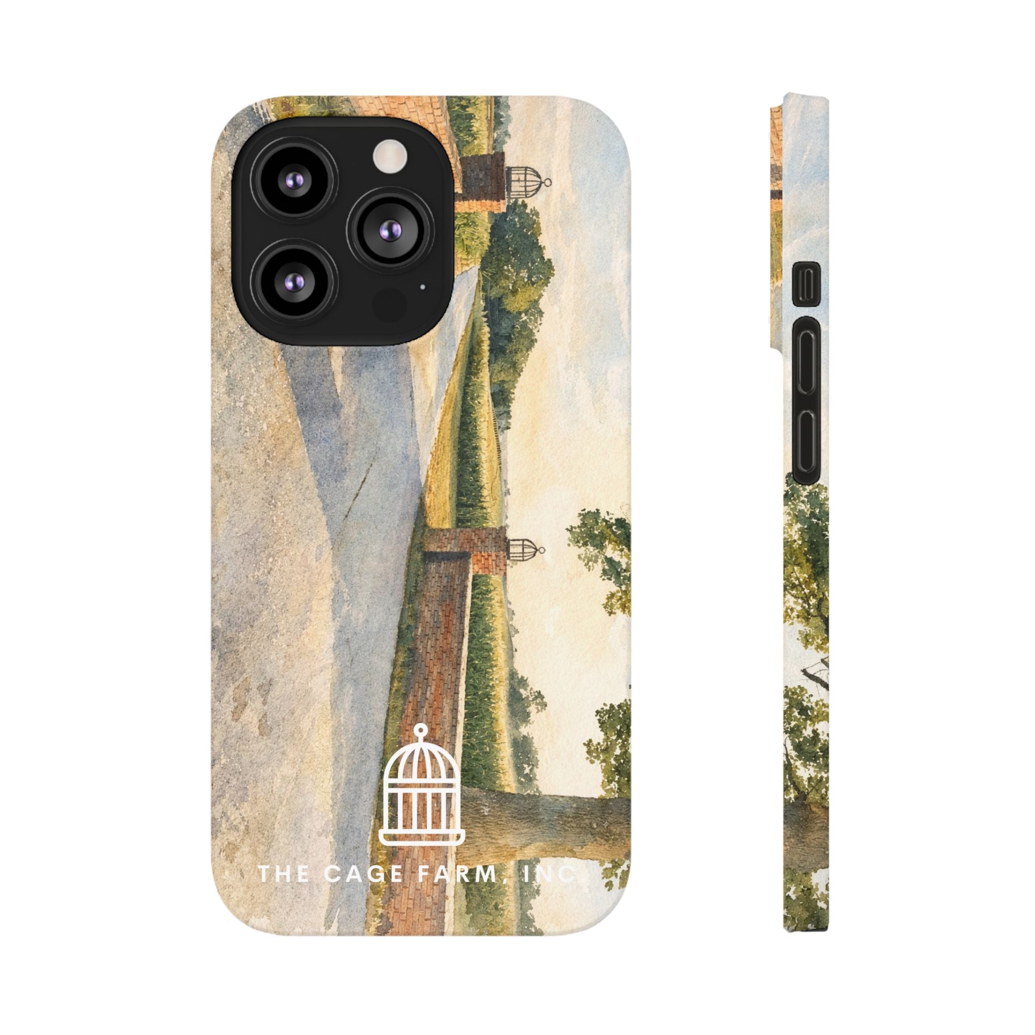 Slim Phone Case — Vintage Farm Landscape Design with 'The Cage Farm' Logo