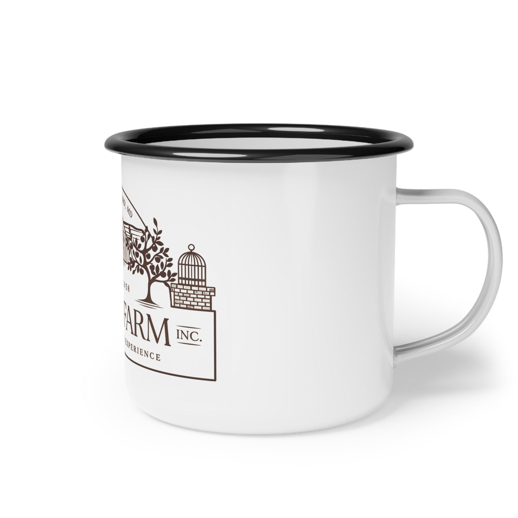Cage Farm Enamel Camp Cup — Vintage Farm Logo Camping Mug