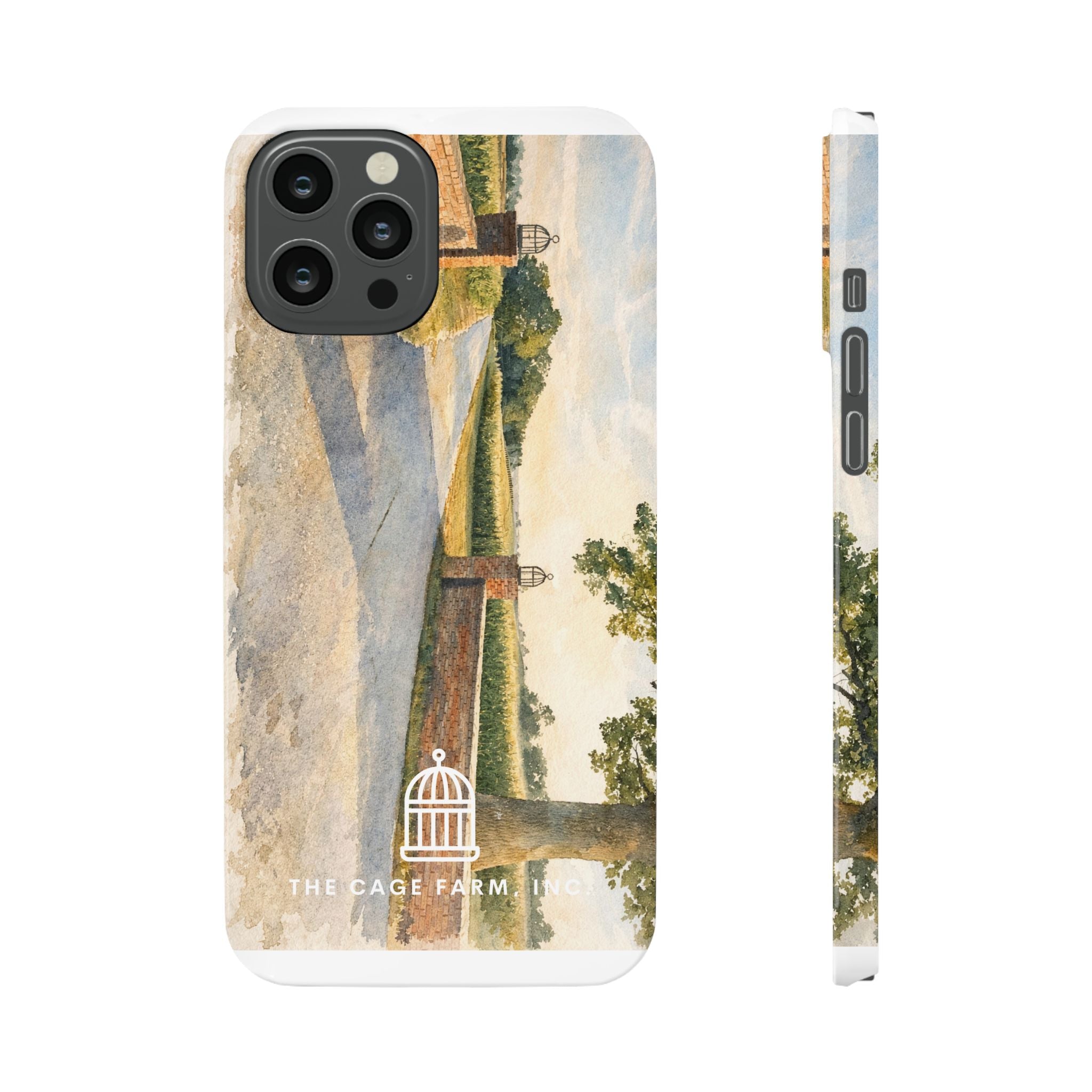 Slim Phone Case — Vintage Farm Landscape Design with 'The Cage Farm' Logo