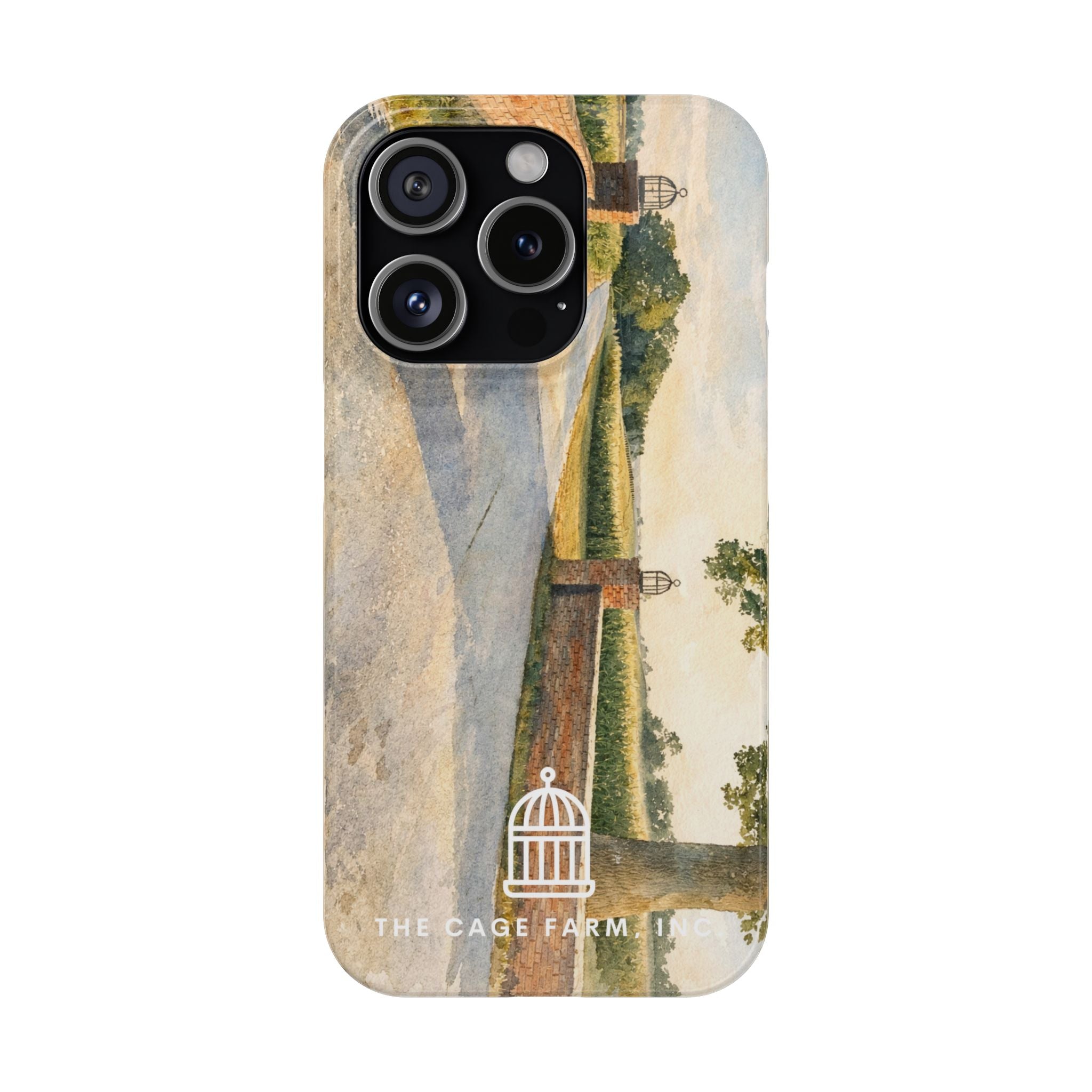 Slim Phone Case — Vintage Farm Landscape Design with 'The Cage Farm' Logo