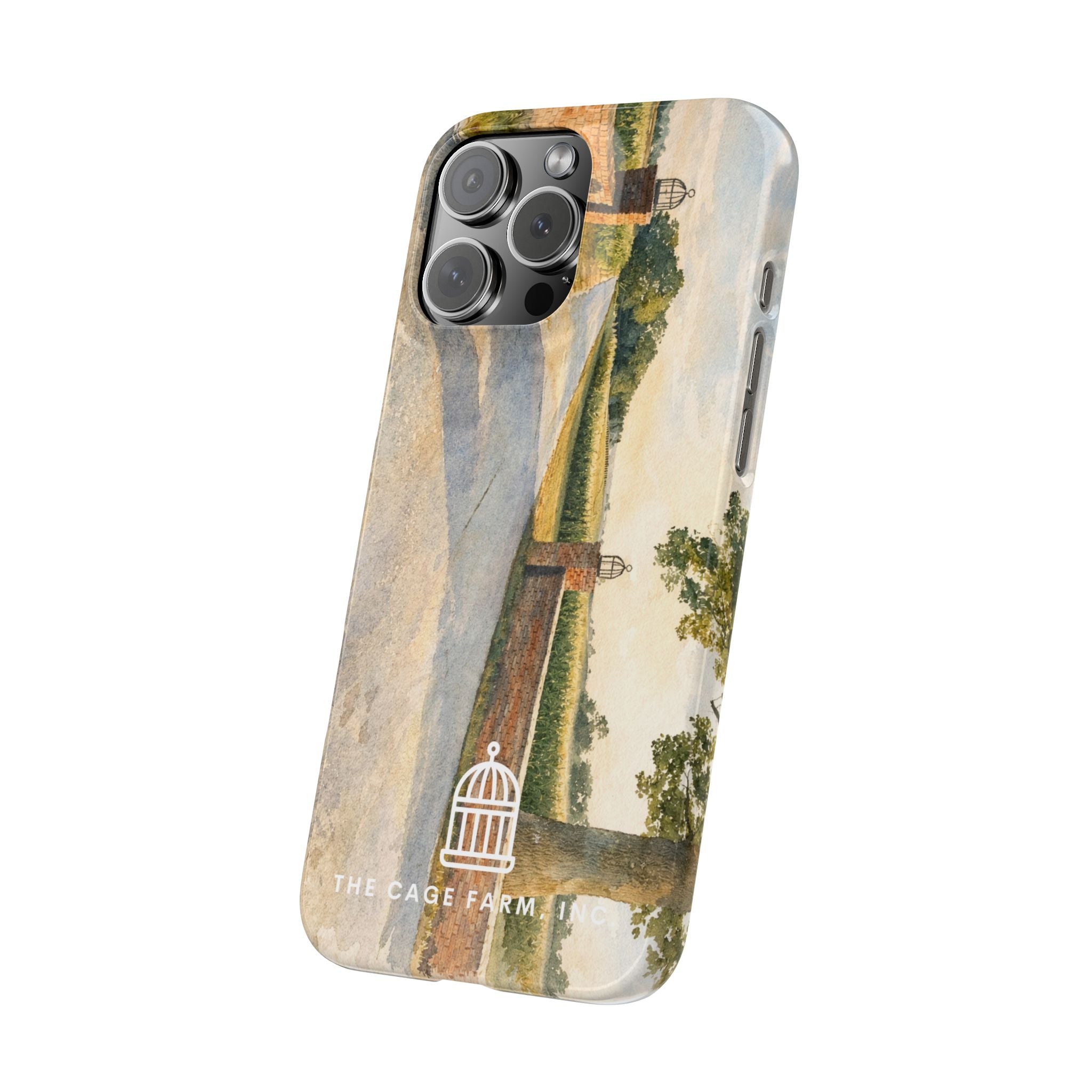 Slim Phone Case — Vintage Farm Landscape Design with 'The Cage Farm' Logo