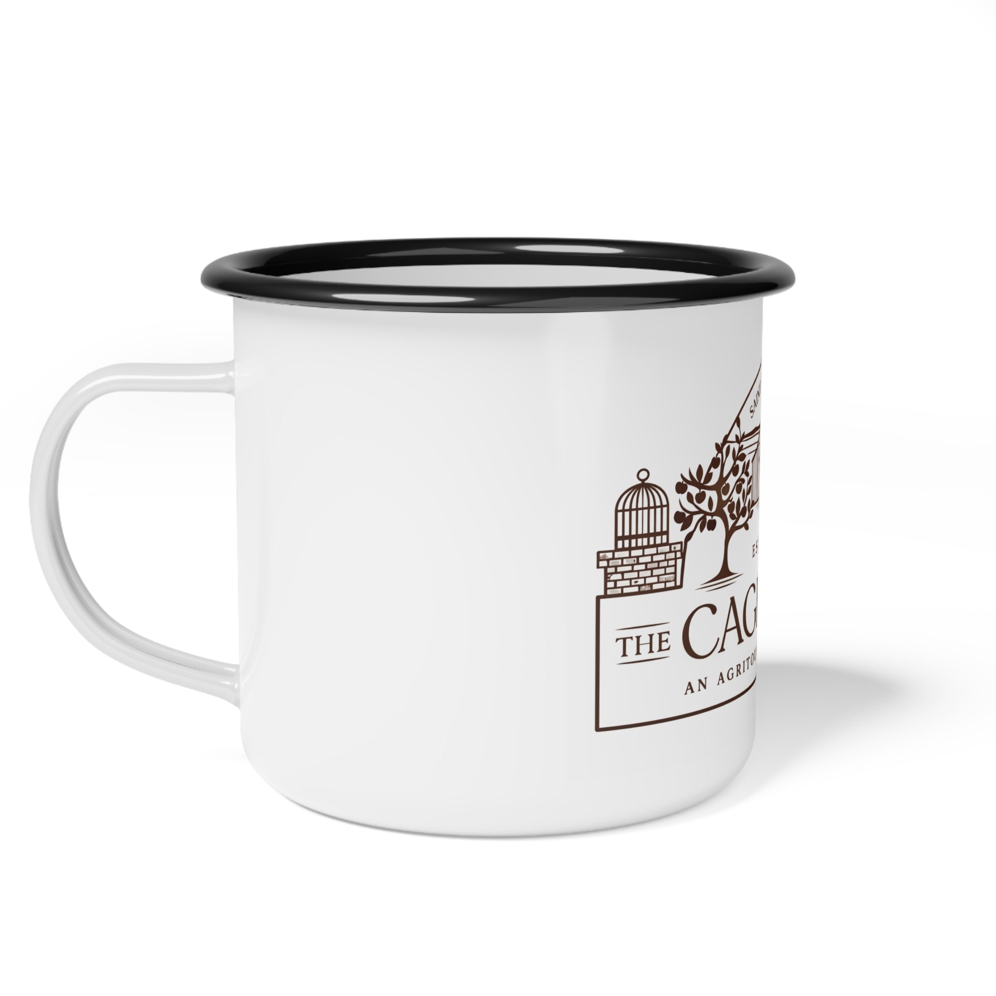 Cage Farm Enamel Camp Cup — Vintage Farm Logo Camping Mug